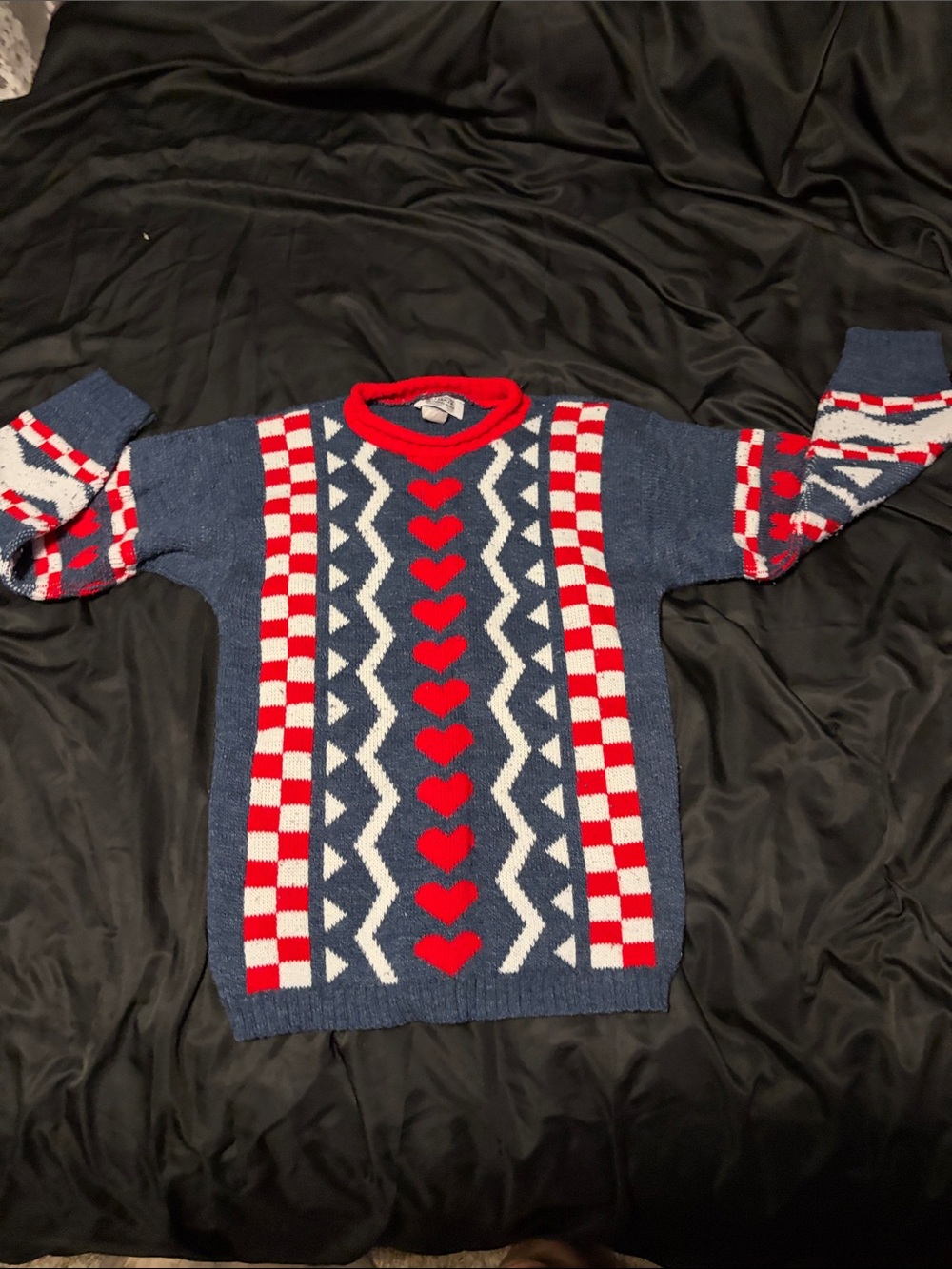 Woman’s Blue Crewneck Sweater with Red Heart Motif